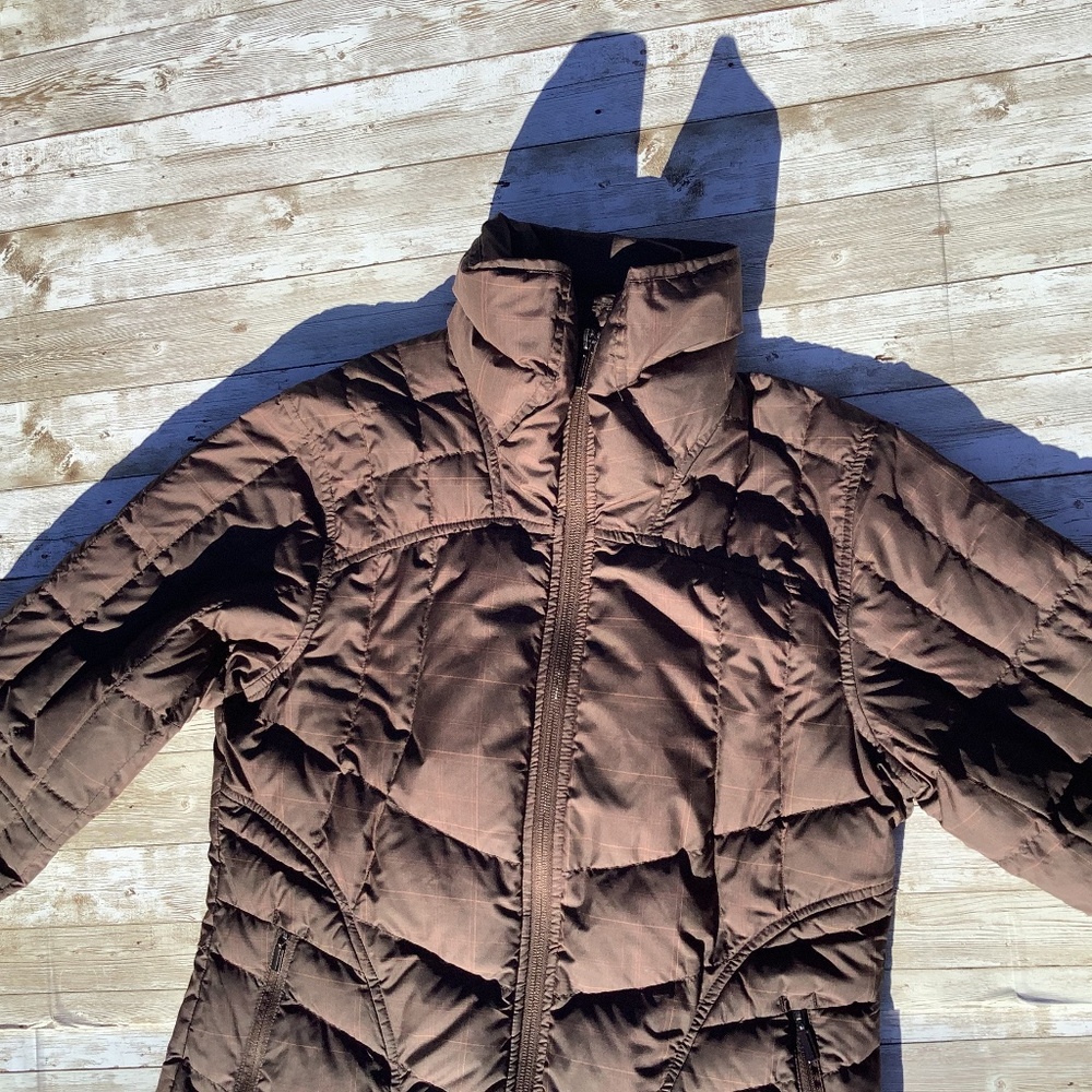 NAU Women Goose Down Puffer Jacket Plaid Brown XS extra small (easily can fit S) - Picture 2 of 15